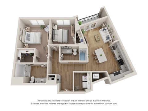Floor plan for 2 beds, 2 baths, 1141 sqft